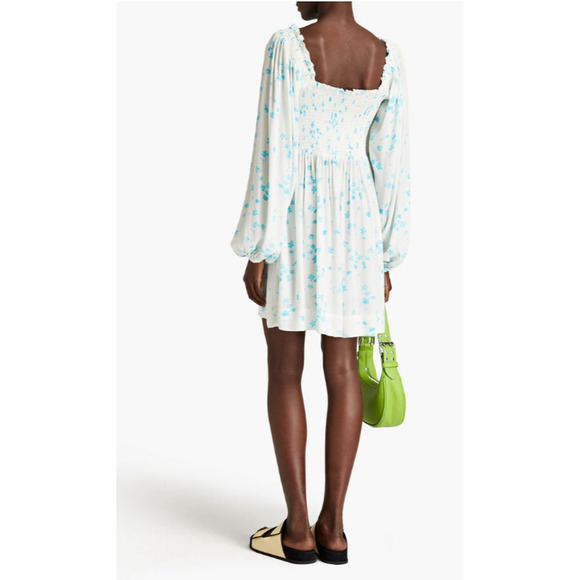 NWT GANNI Shirred Floral ECOVERO-blend crepe mini dress Size EU 32 US 0 #1D456 - Picture 3 of 10